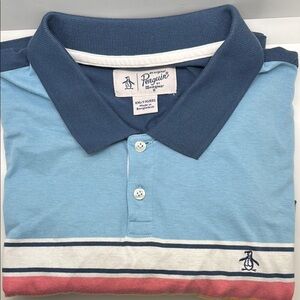 Original Penguin XXL Blue Polo Shirt with Contrast Collar, white & coral stripes